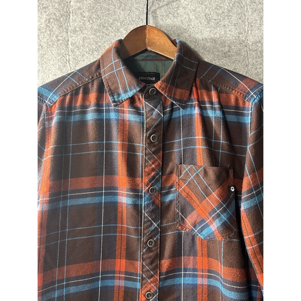 Marmot Sipich Men's Small Plaid Flannel Shirt Red Blue Cotton Blend Outdoor